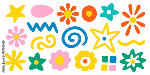 Colorful abstract shapes and floral designs arranged on a white background