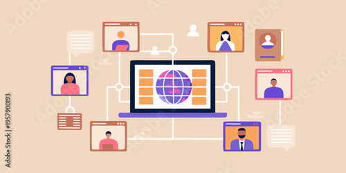 Global network connection illustrated with a laptop and diverse video call participants