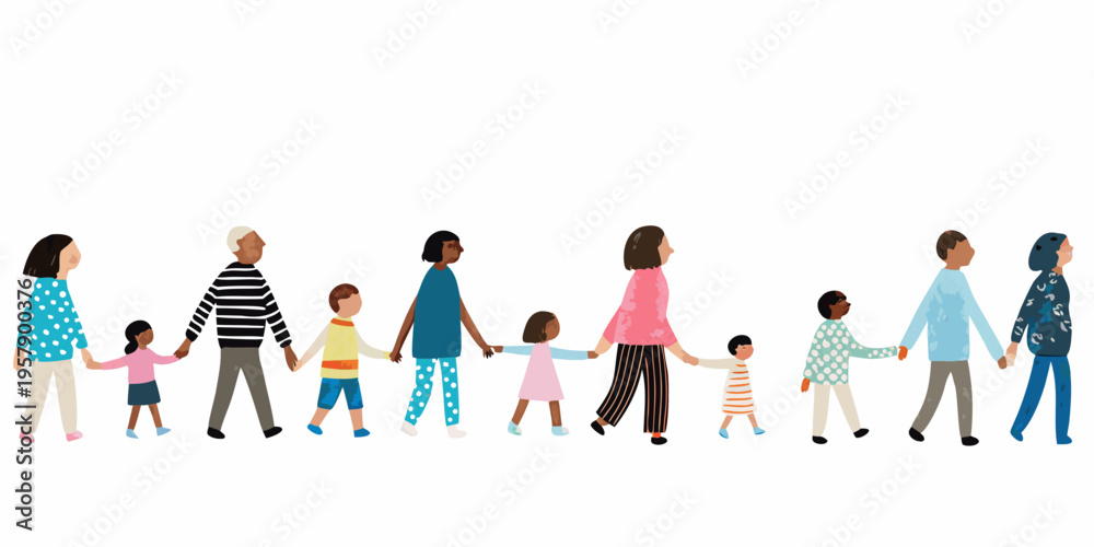 Fototapeta premium Diverse group of people holding hands in a line illustration