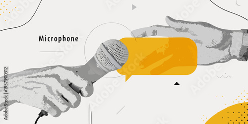 A hand holds a microphone near a yellow speech bubble illustration