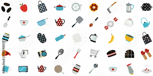 Colorful flat lay illustration of various kitchenware and food items