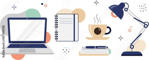 Modern workspace essentials set with laptop, notebook, coffee cup, desk lamp and books, minimal office desk vector illustration collection for productivity