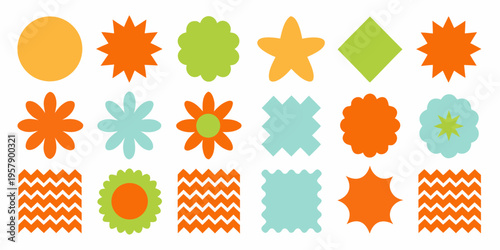 Colorful geometric shapes and floral designs arranged in a grid pattern