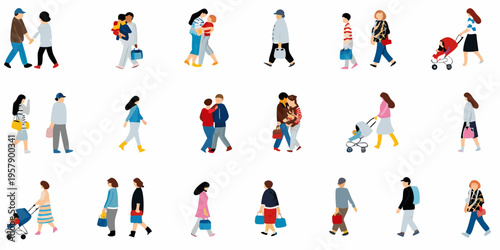 Diverse group of people walking illustrated in a flat vector style