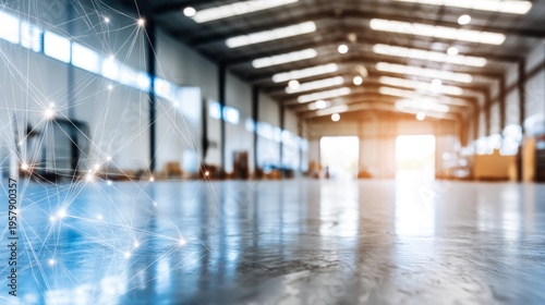 Industrial warehouse interior modern logistics facility image of space bright environment low angle viewpoint technology concept