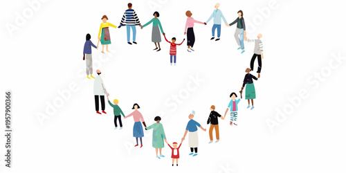 Diverse group of people holding hands in a heart shaped formation