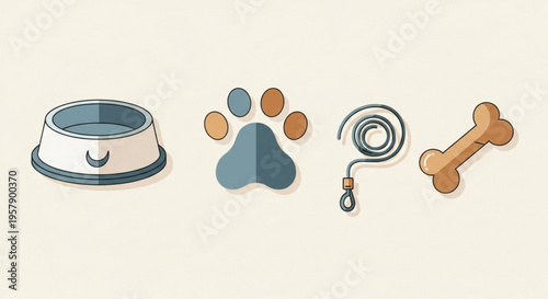 Pet care and accessories dog bowl paw print leash bone on beige background