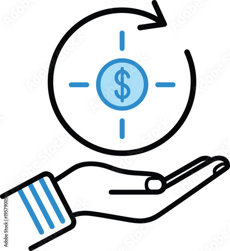 Cash back icon showing dollar coin with circular arrow over human hand concept of financial refunding