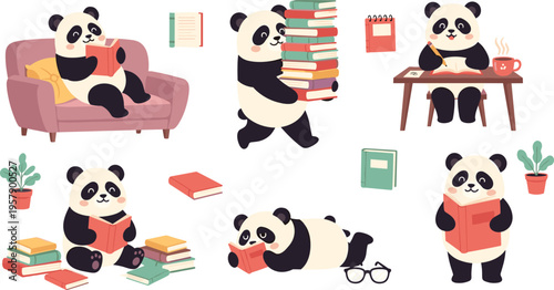 Cute panda reading and studying set with books, cozy sofa, desk and coffee, adorable cartoon animals learning and education vector illustration collection
