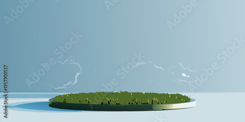 Minimalist scene of a grassy platform against a blue gradient background