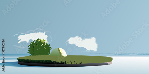 A minimalist landscape featuring a small island with a dome structure