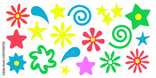 Colorful abstract shapes and floral designs scattered across a white background