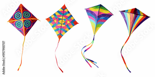 Four colorful kites displayed against a clean white background