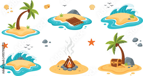 Tropical island elements set with palm trees, ocean waves, campfire, treasure chest and raft, summer beach vector illustration collection isolated on background