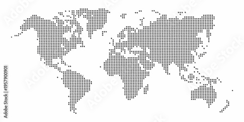 A dotted world map illustration in grayscale with continental outlines