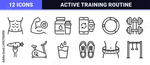 Minimalist Monoline Fitness and Wellness Tracking Icons Featuring Geometric Line Art for Mobile Health Apps and Modern Workout Interfaces