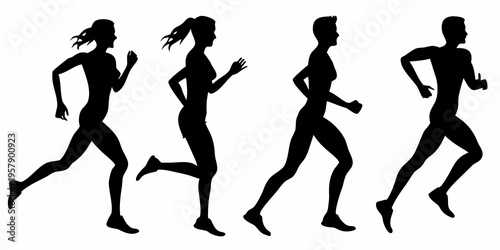 Silhouettes of four people in dynamic running or walking poses