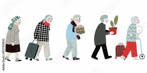 A group of elderly people walking with belongings and plants