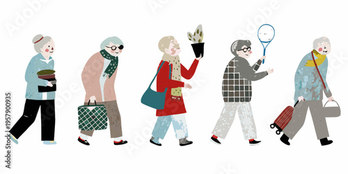 A group of senior women walking with various items and accessories