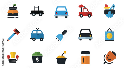 Colorful flat icons depicting various objects food vehicles and technology
