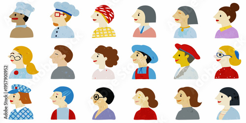 Diverse group of illustrated people with various headwear and appearances