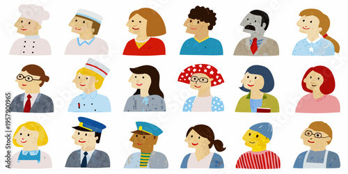Diverse group of illustrated people representing various occupations and ethnicities