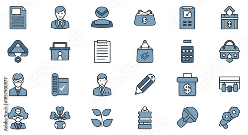 Collection of blue line icons representing business finance and office concepts
