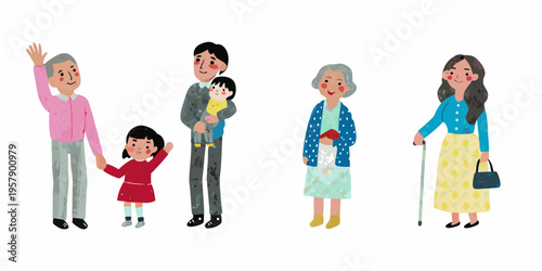 A cheerful illustration of a three generation family group standing together
