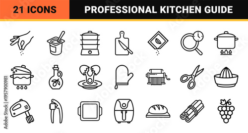 Culinary Preparation and Cooking Method Line Art Symbols Featuring Professional Kitchen Tools in Minimalist Geometric Monoline Style.