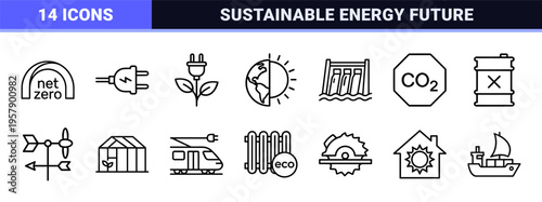 Ecological Sustainability and Net Zero Carbon Emission Minimalist Monoline Line Art Icons for Corporate ESG Reporting and Green Tech