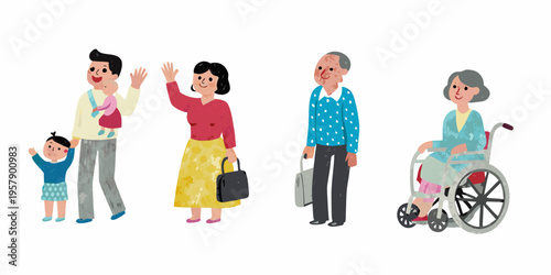 A diverse multigenerational family waves with cheerful expressions