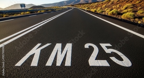 Scenic Desert Highway Kilometer Marker 25 Toward Distant Mountains