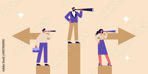 People using telescopes to look at diverging paths representing future choices