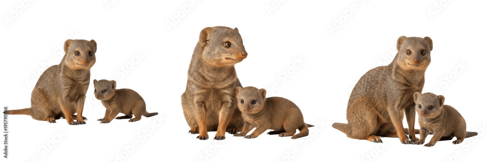 Fototapeta premium Majestic Slender Mongoose Herpestes sanguineus and Cute Pup Isolated on White Background; Trio of African Savannah Wildlife Family Portraits for Nature Design and Wilderness Graphics