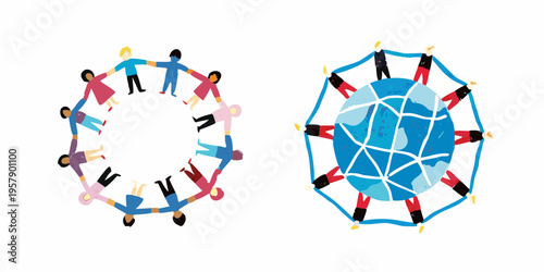 People holding hands around the earth in a connected colorful illustration