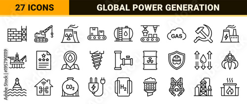 Heavy Industry and Sustainable Energy Production Minimalist Monoline Outline Symbols for Technical Engineering and Manufacturing Systems