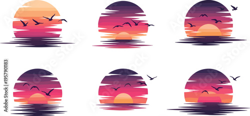 Abstract sunset landscapes set with birds silhouettes colorful horizon nature scenic vector illustration collection