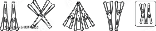 Set of diving flippers in outline style black outline drawing flippers for swimming underwater sport