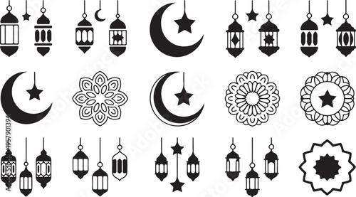 Islamic ramadan icons set with lanterns crescent moon and stars