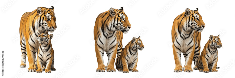 Obraz premium Bengal Tiger Panthera Tigris and Cute Cub Set Isolated on White Background, Adult Mother Tiger with Small Baby Cub Collection, Wildlife Animal Family Standing Front View Profile Pack