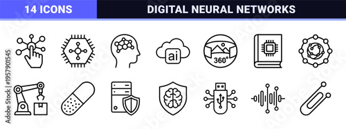 Artificial Intelligence and Machine Learning Geometric Line Art; Minimalist Monoline Symbols for Data Science and Neural Networks.