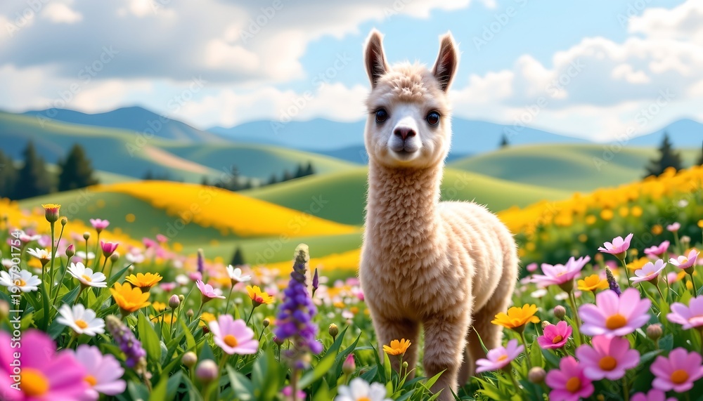 Obraz premium Cute Baby Alpaca Amid Vibrant Wildflower Field