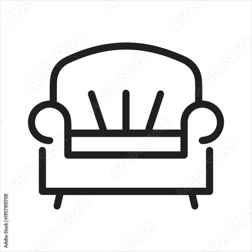 Sofa icon in linear design. Room service label, symbol for site of hotels, hostels, apartments booking. Lounge pictogram. Vector illustration in line style isolated.