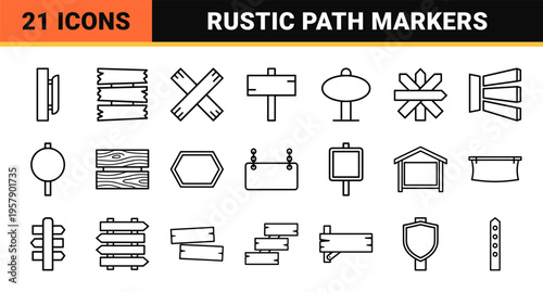 Rustic Wooden Signpost Graphics and Directional Wayfinding Elements in Minimalist Monoline Aesthetic for Park and Trail Navigation
