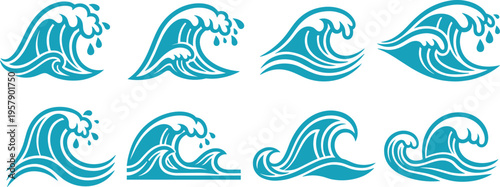 Set of blue wave vector icons, different styles, suitable for water and ocean themes