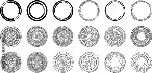 Circular hand drawn swirl frame set for creative graphic design elements with scribble spiral shape