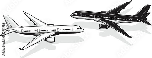 Two airplanes one silver and white the other black with grey shadows on a checkered background