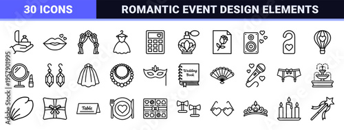Wedding and Romance Minimalist Monoline Outline Icon Set. Sophisticated Geometric Line Art for Marriage Planning and Event Branding.