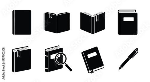 Black silhouette icons depicting various books a magnifying glass and a pen