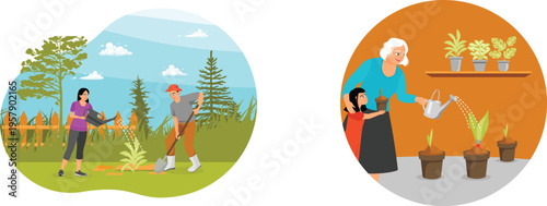 Generations working together in gardening and plant care activities outdoors and indoors